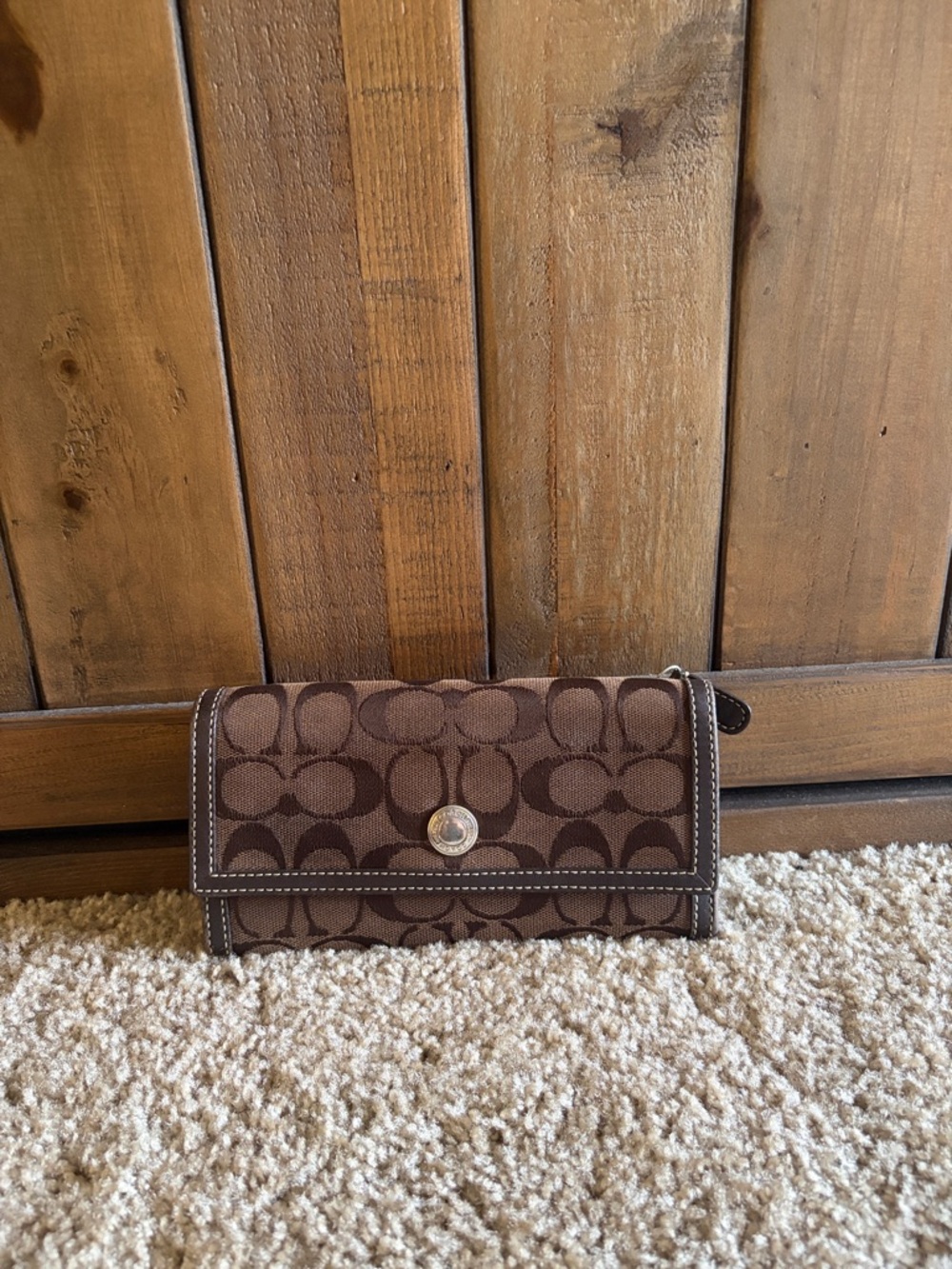 Coach Brown Signature Canvas Wallet with Dark Brown Trim